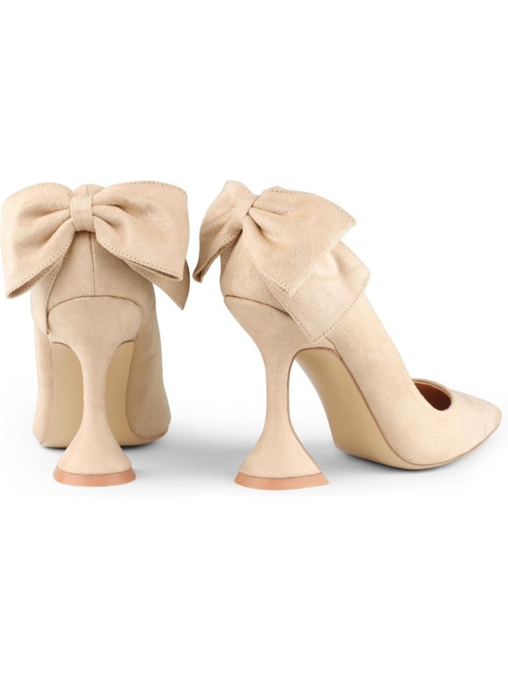 Women's Beige Bow(Suede) Flare Heels Pointed Closed Toe Chunky Pumps Party Shoes - Picture 4 of 6